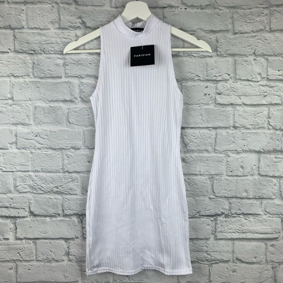 White High Neck Rib Sleeveless Bodycon Mini Dress - Picture 5 of 5